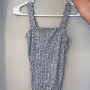 grey ruffled tank top, been worn